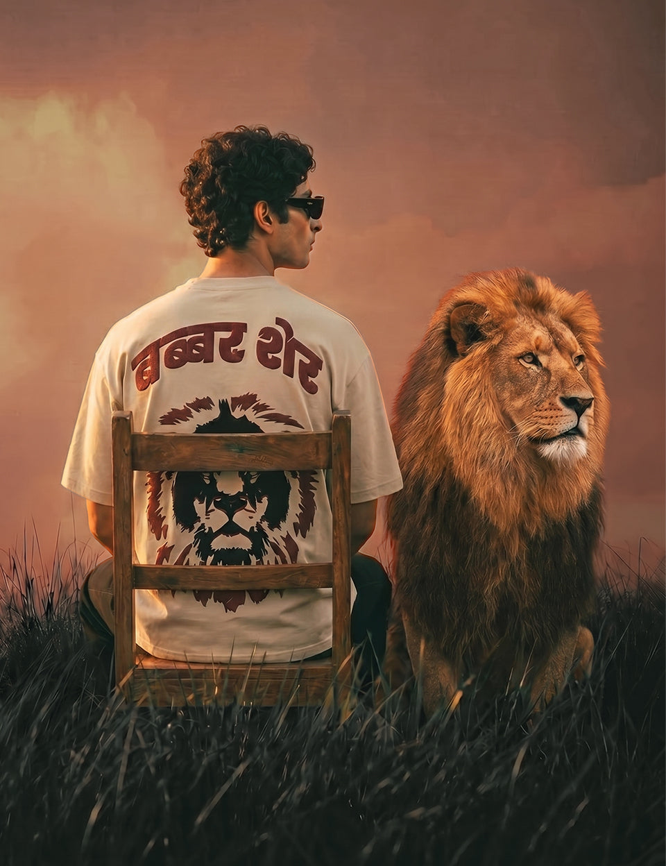 Model wearing Naram Babbar Sher beige oversized tshirt seated beside a real lion at sunset, back graphic visible, Indian streetwear lifestyle shot