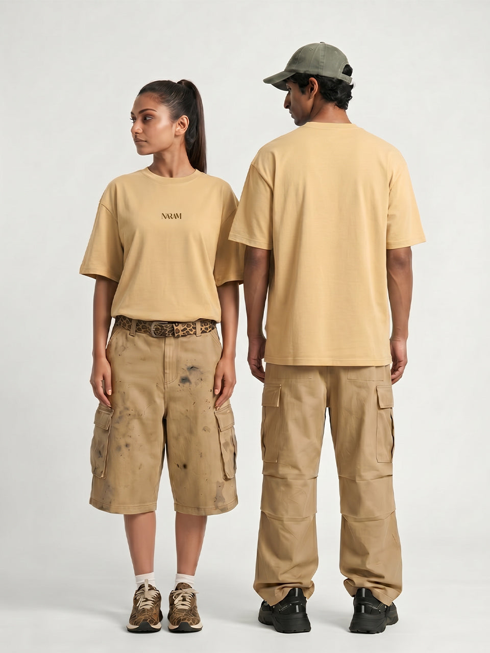 Naram oversized beige t-shirt shown on two models front and back fit streetwear