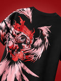 Close-up of eagle phoenix screen print on back of black Naram oversized tshirt — red flame and pink feather detail