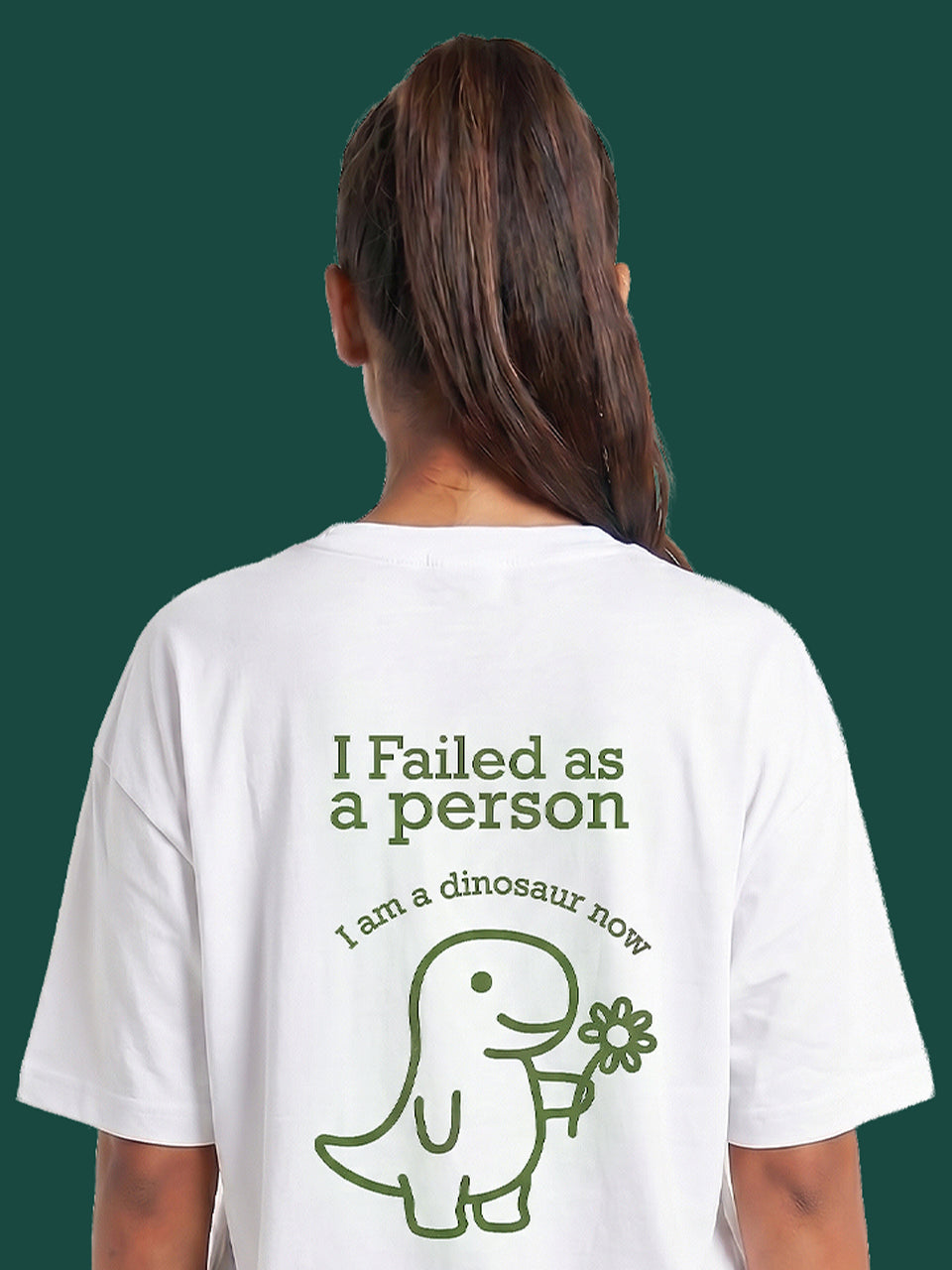 Naram I Failed as a person dinosaur tee back print close-up green dinosaur graphic on white