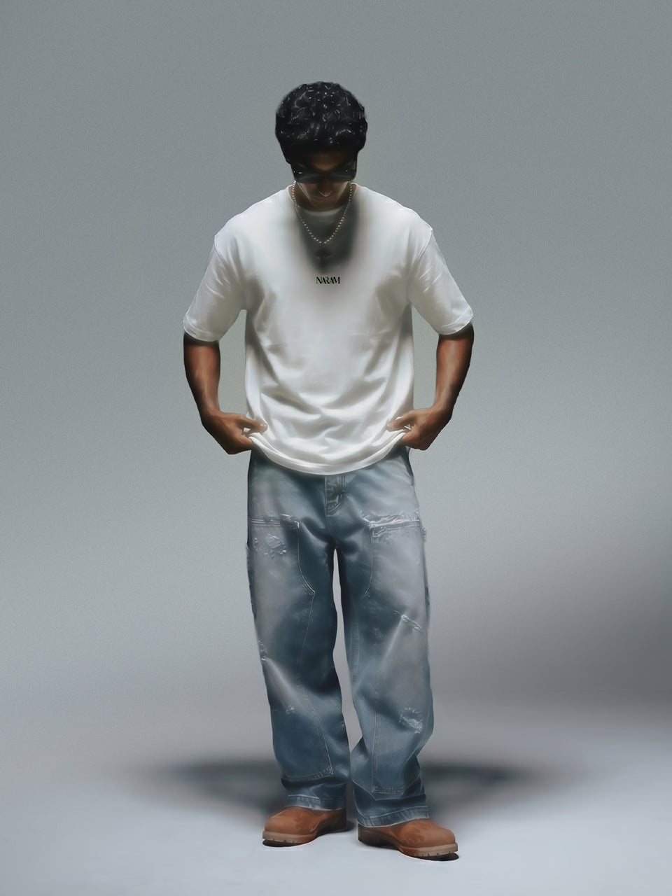 Full body shot of Naram off white oversized t-shirt with wide-leg jean desi streetwear India