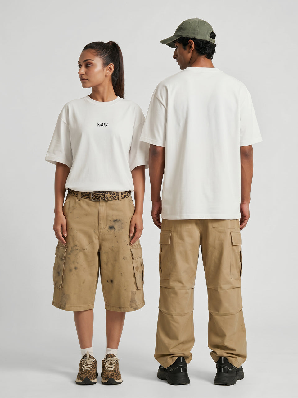 Naram oversized off white t-shirt shown on two models front and back fit streetwear
