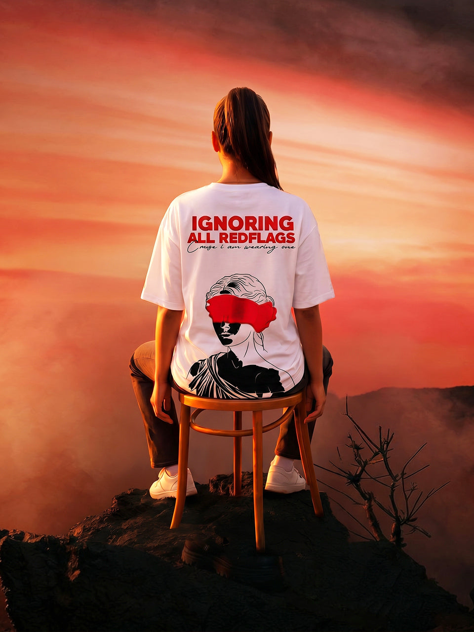 Naram Ignoring All Redflags oversized white t-shirt back print blindfolded woman graphic red text sunset desi streetwear