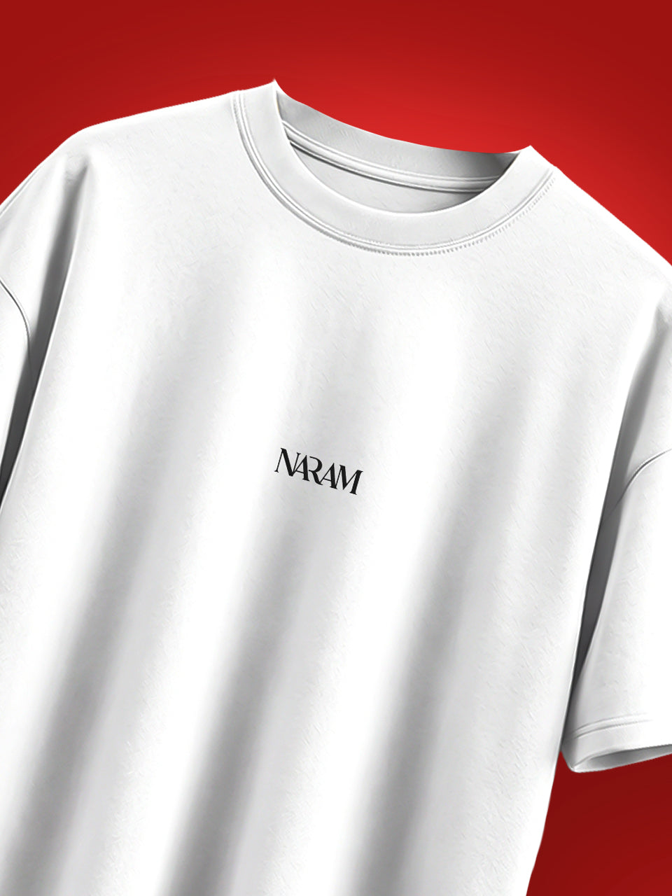 Naram Red Flag white oversized tshirt front flat product shot with black Naram chest logo on red background, women streetwear India
